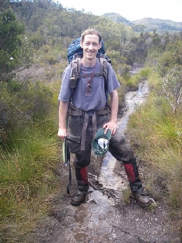 Chris Rehberg hiking in south-west Tasmania on an expedition to find the Tasmanian tiger